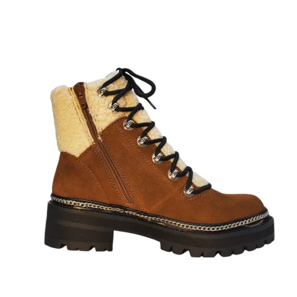 Aqua Womens Frost with Shearling Lace up Booties Suede Whiskey Brown